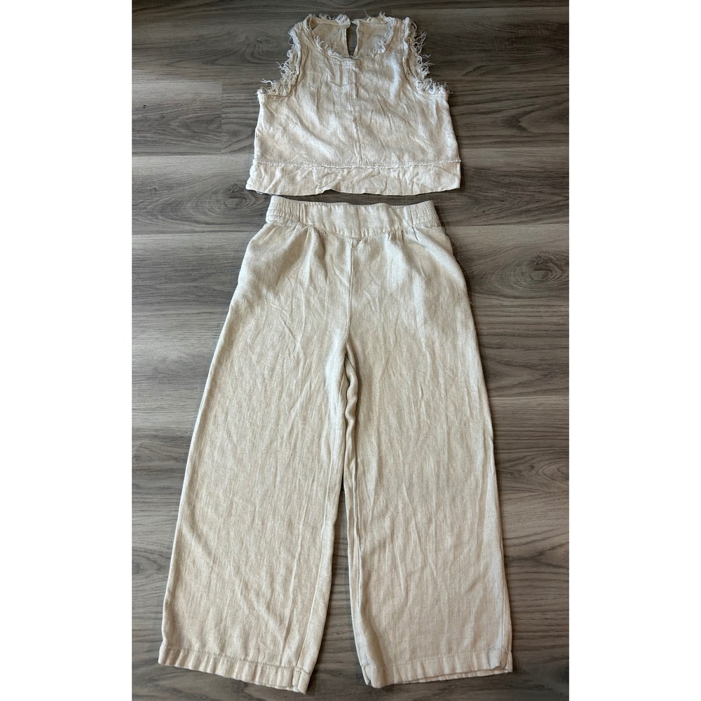 New In Womens Linen Two Piece Set Frayed Crop Top Wide Leg Pants M Oatmeal Cream